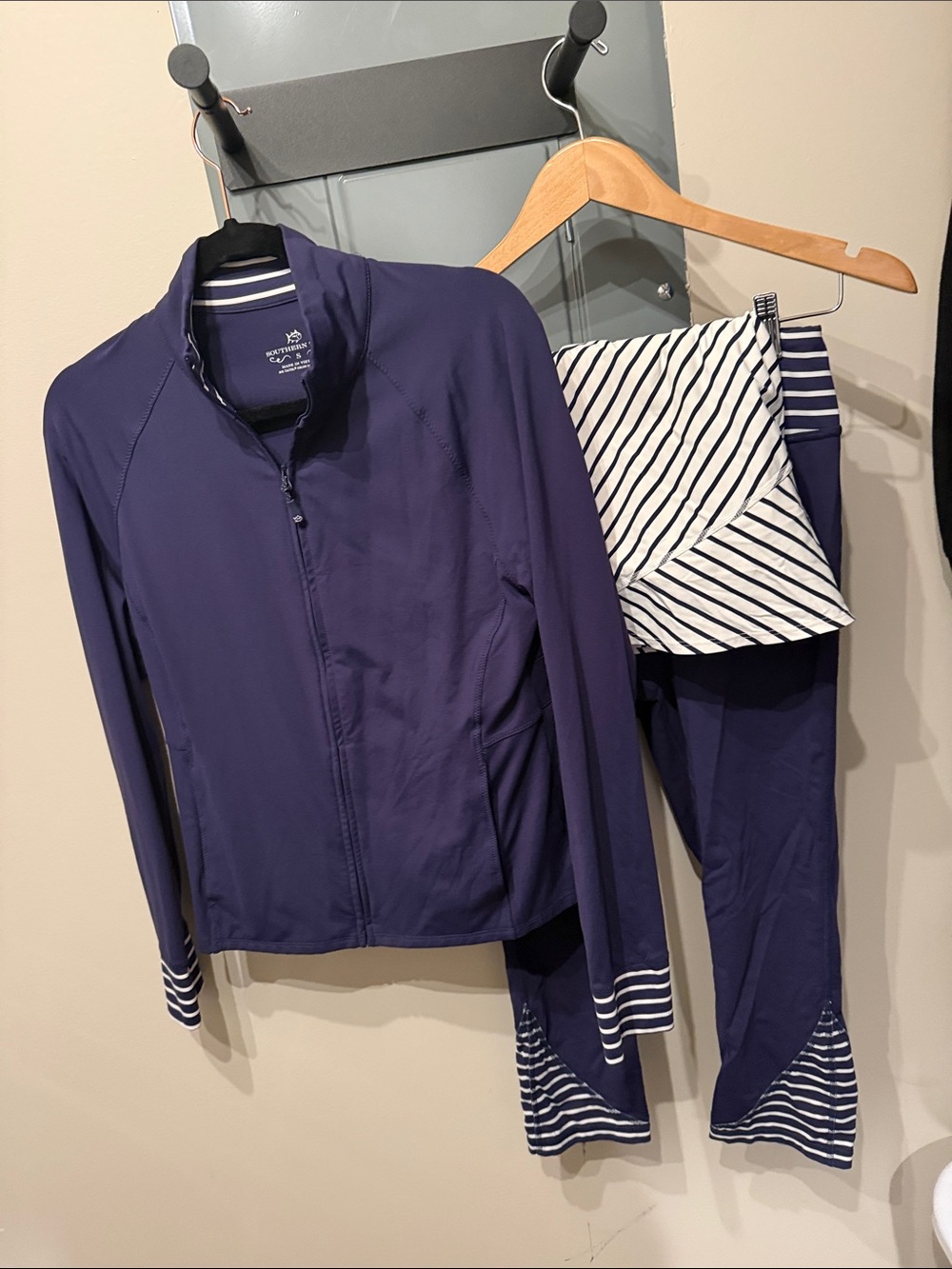 Southern Tide Navy Active Zip Jacket with Striped Skirted Joggers